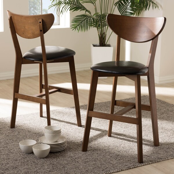 Baxton Studio Eline Black Faux Leather Upholstered Walnut Finished Counter Stool, PK2 - 144-8075