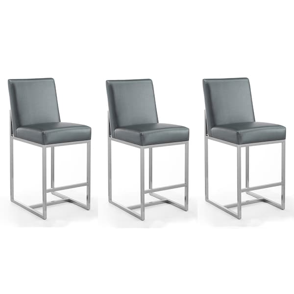 Manhattan Comfort Element 24" Faux Leather Counter Stool in Graphite and Polished Chrome (Set of 3) - 3-CS003-GP