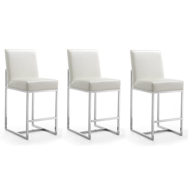 Manhattan Comfort Element 24" Faux Leather Counter Stool in Pearl White and Polished Chrome (Set of 3) - 3-CS003-PW