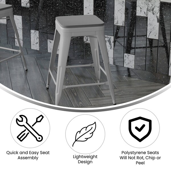 Flash Furniture 24" Silver Metal Counter Stool-Gray Poly Seat, 4PK - 4-ET-31320-24-SV-R-PL2G-GG