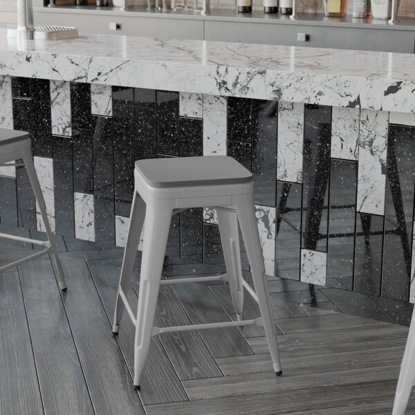 Flash Furniture 24" Silver Metal Counter Stool-Gray Poly Seat, 4PK - 4-ET-31320-24-SV-R-PL2G-GG