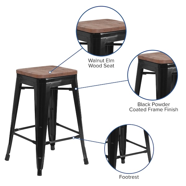 Flash Furniture Black Backless Metal Stool, 24" - 4-CH-31320-24-BK-WD-GG