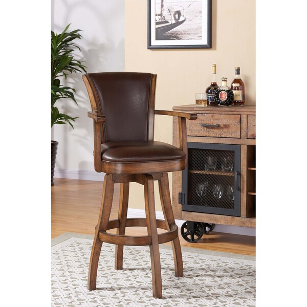 Armen Living Raleigh 26" Counter Height Swivel Kahlua Faux Leather and Chestnut Wood Arm Bar Stool - LCRABAARKACH26