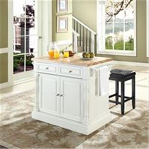 Betterbeds Butcher Block Top Kitchen Island in White Finish, 24 in. Black Upholstered Square Seat Stools - BE2613691