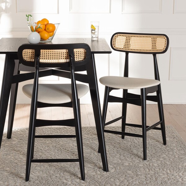 Baxton Studio Tarana Mid-Century Modern Cream Fabric and Black Finished Wood 2-Piece Counter Stool Set, PR - 235-2PC-13309-ZORO