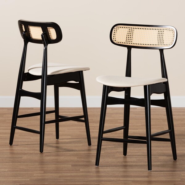 Baxton Studio Tarana Mid-Century Modern Cream Fabric and Black Finished Wood 2-Piece Counter Stool Set, PR - 235-2PC-13309-ZORO
