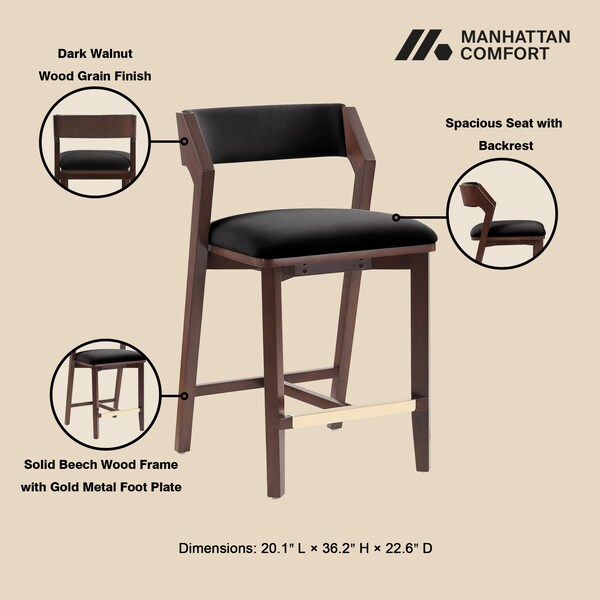 Manhattan Comfort Patricia Counter Stool  in Black - Set of 3 - 3-CS023-BK