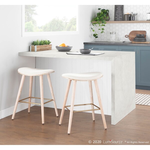 Lumisource Saddle Counter Stool in White Washed Wood and Cream, PK 2 - B26-SADL WWNCR2