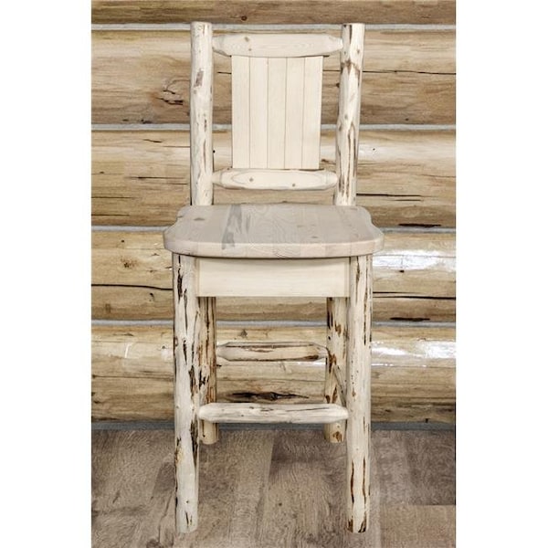 Montana Woodworks Montana Woodworks MWBSWNRV24LZBEAR Counter Height Back Barstool with Laser Engraved Bear Design; Clear Lacquer Finish - MWBSWNRV24LZBEAR