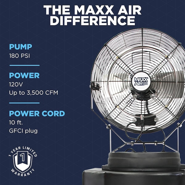 Maxx Air Misting Fan, 18 in Blade Dia, 120V, 3,500 cfm, Non-Oscillating - CDMP1840GRY