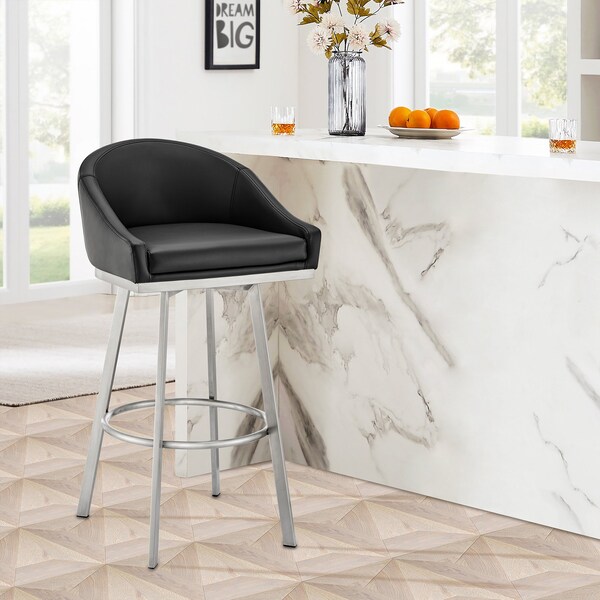 Armen Living Eleanor 26in Swivel Counter Stool in Brushed Stainless Steel and Black Faux Leather - LCELBABSBLK26