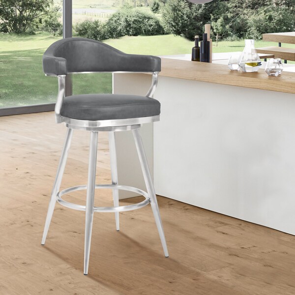Armen Living Amador 26" Counter Height Barstool in Brushed Stainless Steel and Vintage Gray Faux Leather - 721535747047