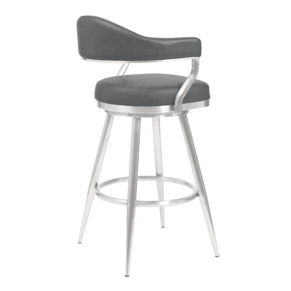 Armen Living Amador 26" Counter Height Barstool in Brushed Stainless Steel and Vintage Gray Faux Leather - 721535747047
