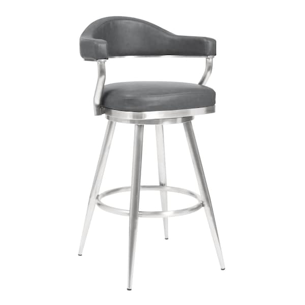 Armen Living Amador 26" Counter Height Barstool in Brushed Stainless Steel and Vintage Gray Faux Leather - 721535747047