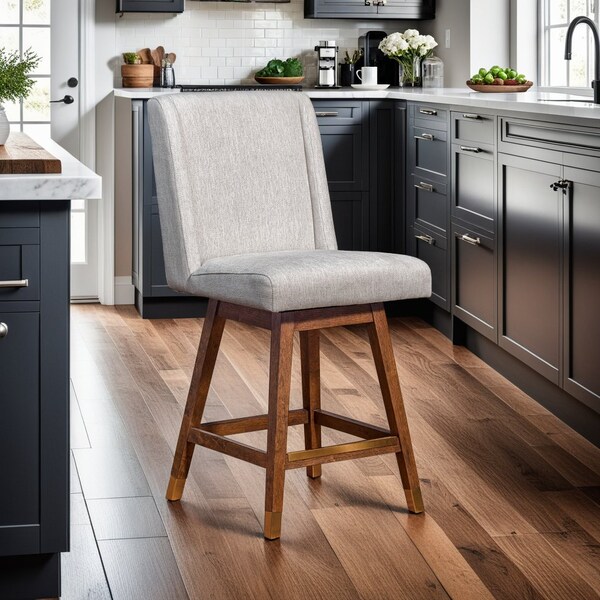 Armen Living Stancoste Swivel Counter Stool in Brown Oak Wood Finish with Beige Fabric - 840254332157