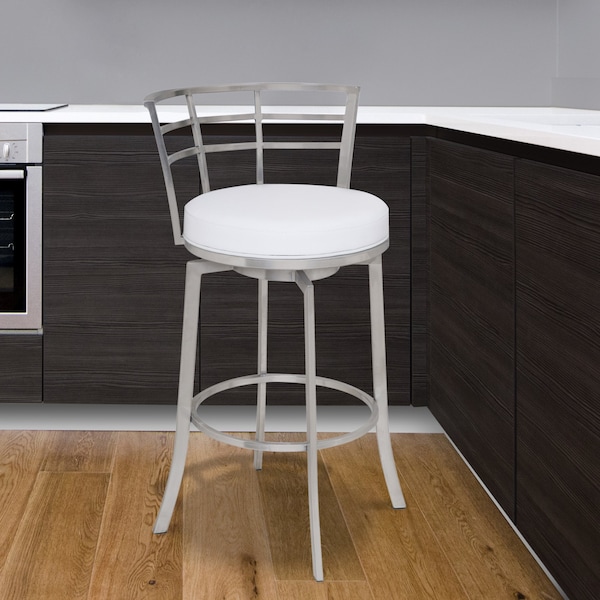 Armen Living Viper 26" Counter Height Swivel White Faux Leather and Brushed Stainless Steel Bar Stool - LCVI26BAWH