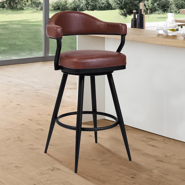 Armen Living Justin 26" Counter Height Swivel Vintage Coffee Faux Leather Bar Stool with Black Metal Legs - LCJTBABLVC26