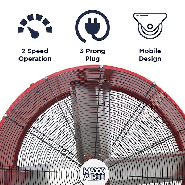 Maxx Air Barrel Air Circulator Fan, 36 in Blade Dia, 120V, 7,300/10,200 cfm, Non-Oscillating - BF36BD RED