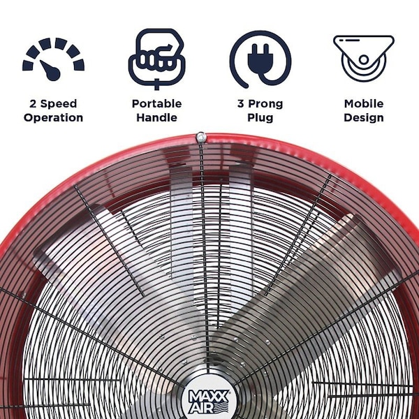 Maxx Air Portable Barrel Fan, 120 V, 2Speed, 4050 to 5000 cfm Air, Red - BF30DD