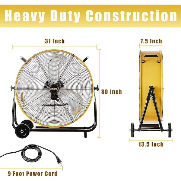 Edendirect 24in 3-Speed Portable High Velocity Drum Fan, Yellow, 1/3 HP, Turbo Blade, Low Noise - IR-FAN7804