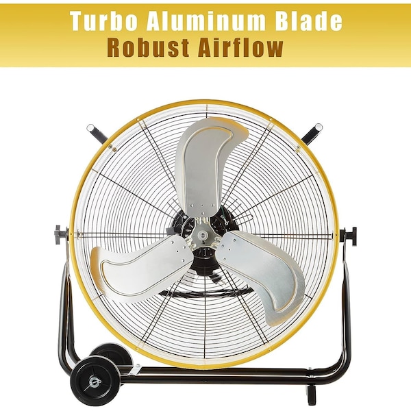 Edendirect 24in 3-Speed Portable High Velocity Drum Fan, Yellow, 1/3 HP, Turbo Blade, Low Noise - IR-FAN7804