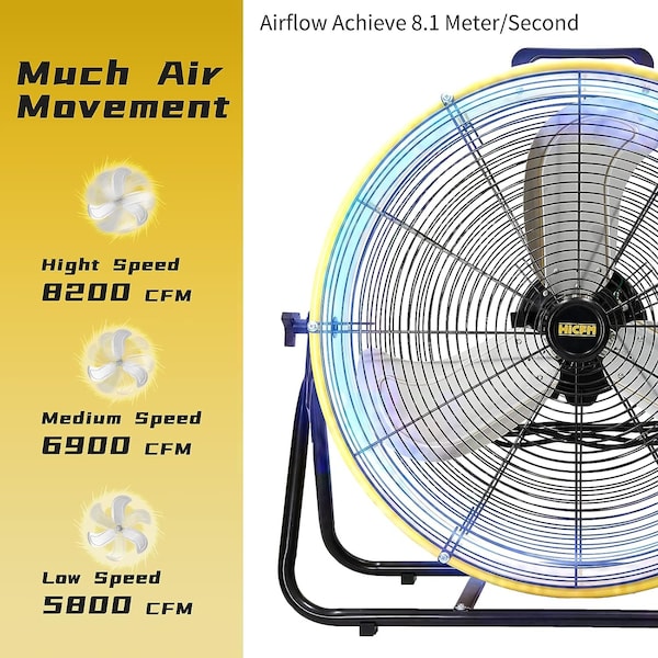 Edendirect 24in 3 Speeds Portable High Velocity Drum Fan Yellow with 1/3 HP, Turbo Blade, Low Noise - IR-FAN7806