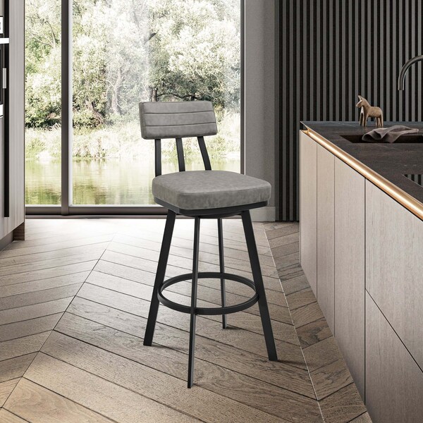 Armen Living Jinab Swivel Counter Stool in Black Metal with Gray Faux Leather - 840254335226