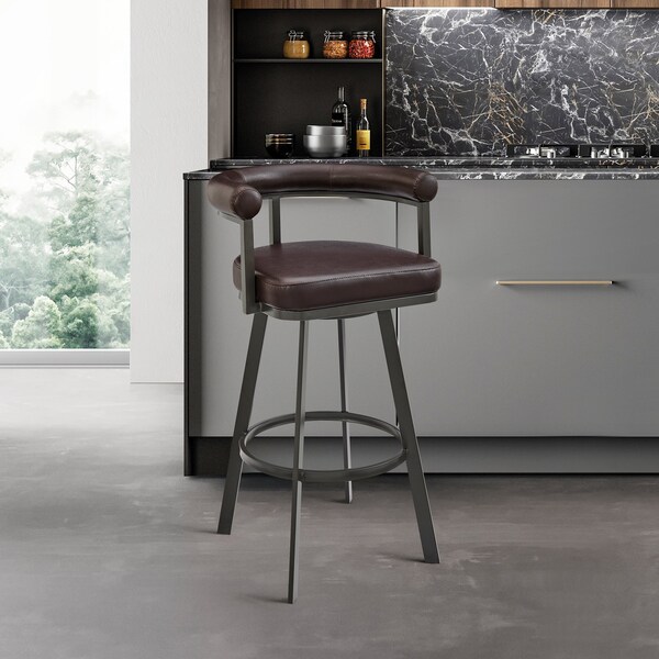 Armen Living Nolagam Swivel Counter Stool in Brown Metal with Brown Faux Leather - 840254335592