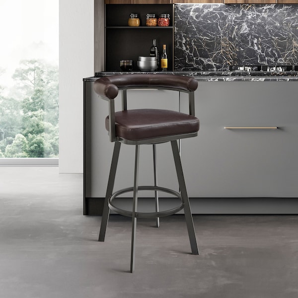 Armen Living Nolagam Swivel Counter Stool in Brown Metal with Brown Faux Leather - 840254335592