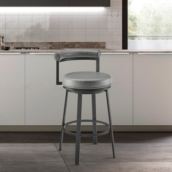 Armen Living Neura Swivel Counter or Bar Stool in Black Finish with Gray Faux Leather - 840254333482