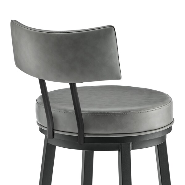 Armen Living Dalza Swivel Counter Stool in Black Finish with Gray Faux Leather - 840254333543