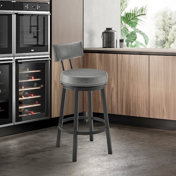 Armen Living Dalza Swivel Counter Stool in Black Finish with Gray Faux Leather - 840254333543