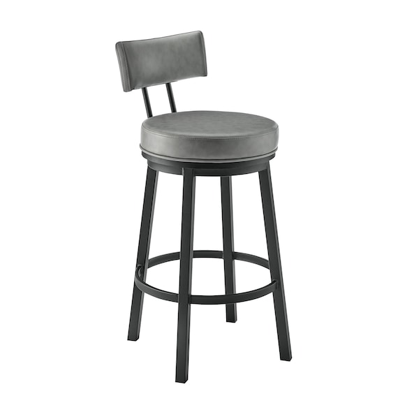 Armen Living Dalza Swivel Counter Stool in Black Finish with Gray Faux Leather - 840254333543