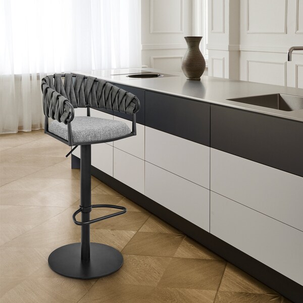 Armen Living Blaise Adjustable Swivel Counter or Bar Stool in Black Metal with Gray Fabric and Faux Leather - LCBLBABLK