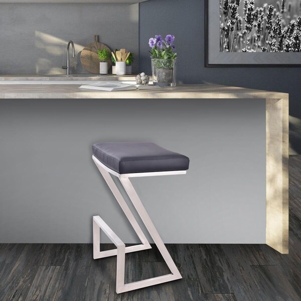 Seatsolutions Atlantis 26 in. Counter Height Backless Barstool in Brushed Stainless Steel with Black Faux Leather - SE883622