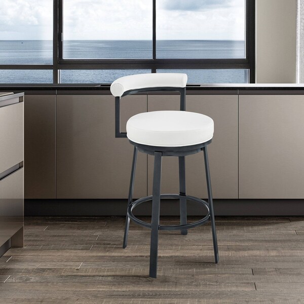 Armen Living Neura Swivel Counter or Bar Stool in Cloud Finish with White Faux Leather - 840254333536