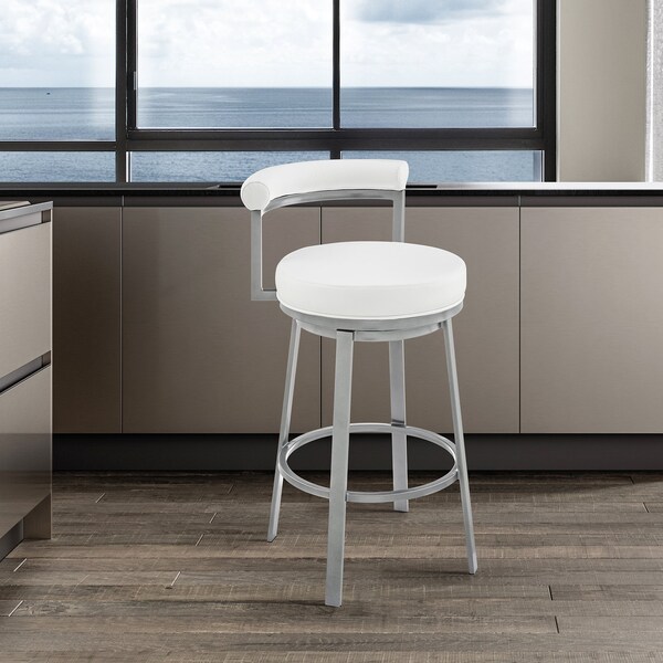 Armen Living Neura Swivel Counter or Bar Stool in Cloud Finish with White Faux Leather - 840254333536