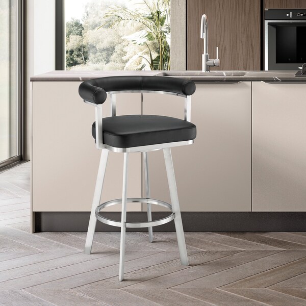 Armen Living Nolagam Swivel Counter Stool in Brushed Stainless Steel with Black Faux Leather - 840254335608