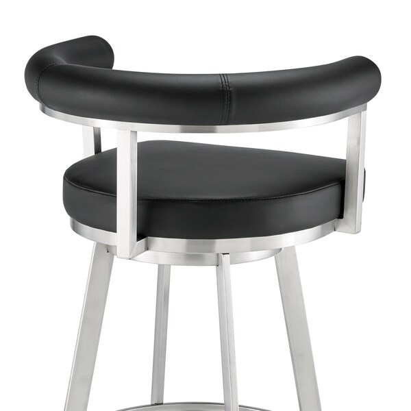 Armen Living Nolagam Swivel Counter Stool in Brushed Stainless Steel with Black Faux Leather - 840254335608
