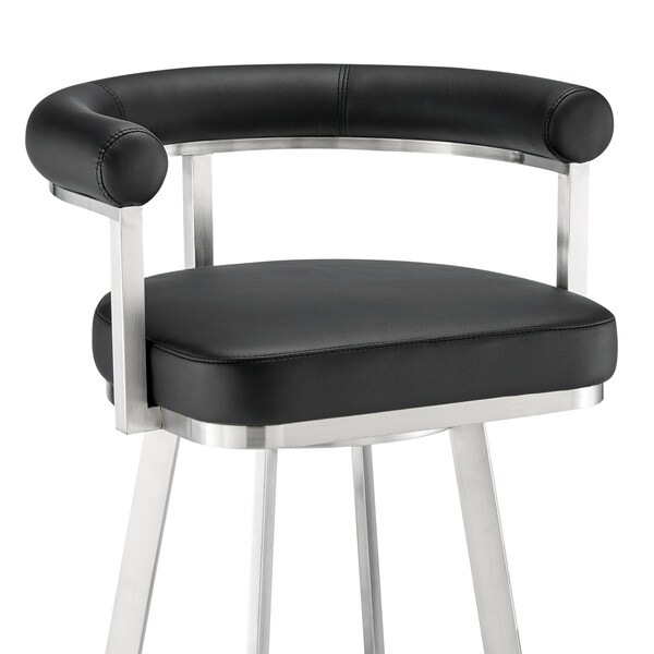 Armen Living Nolagam Swivel Counter Stool in Brushed Stainless Steel with Black Faux Leather - 840254335608