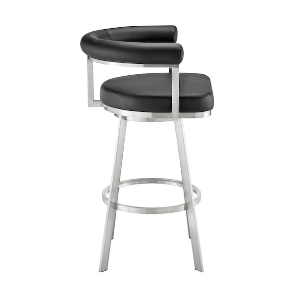 Armen Living Nolagam Swivel Counter Stool in Brushed Stainless Steel with Black Faux Leather - 840254335608