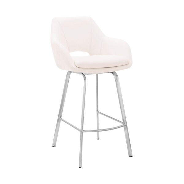 Armen Living Aura White Faux Leather and Brushed Stainless Steel Swivel 26" Counter Stool - LCAUBABSWH26