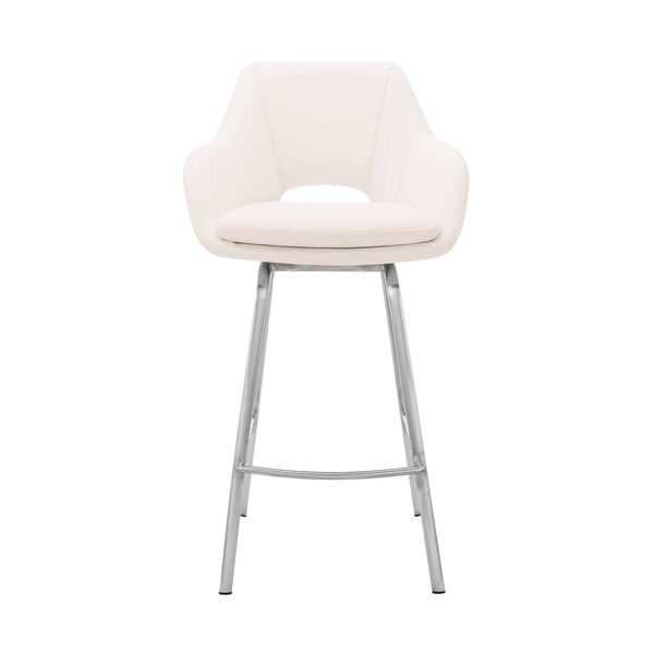 Armen Living Aura White Faux Leather and Brushed Stainless Steel Swivel 26" Counter Stool - LCAUBABSWH26