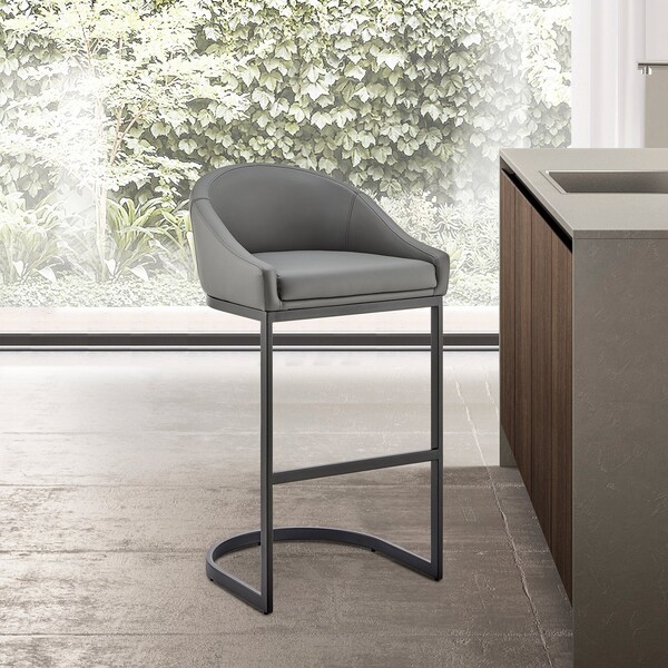Armen Living Atherik Counter Stool in Black Metal with Gray Faux Leather - 840254335875