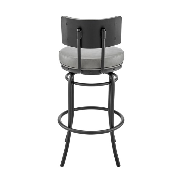 Armen Living Rees Swivel Counter or Bar Stool in Black Finish with Gray Faux Leather - 840254333604