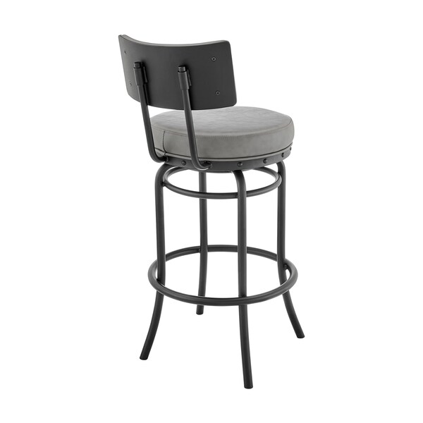 Armen Living Rees Swivel Counter or Bar Stool in Black Finish with Gray Faux Leather - 840254333604