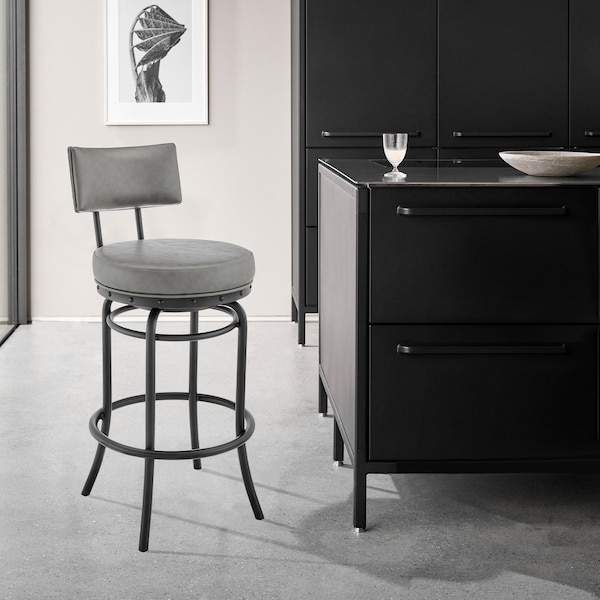 Armen Living Rees Swivel Counter or Bar Stool in Black Finish with Gray Faux Leather - 840254333604