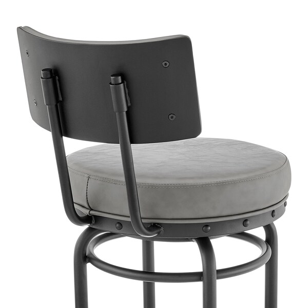 Armen Living Rees Swivel Counter or Bar Stool in Black Finish with Gray Faux Leather - 840254333604