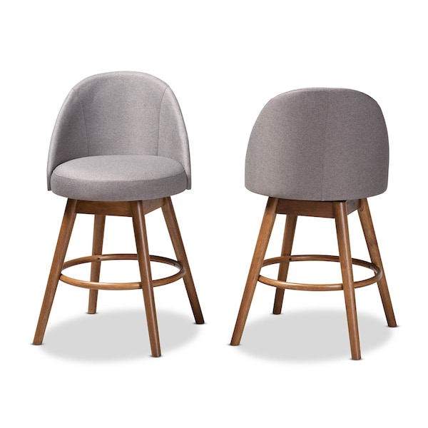 Baxton Studio Carra Grey Upholstered Walnut-Finished Wood Swivel Counter Stool, PK2 - 157-9652