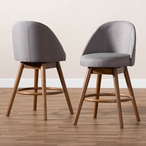 Baxton Studio Carra Grey Upholstered Walnut-Finished Wood Swivel Counter Stool, PK2 - 157-9652